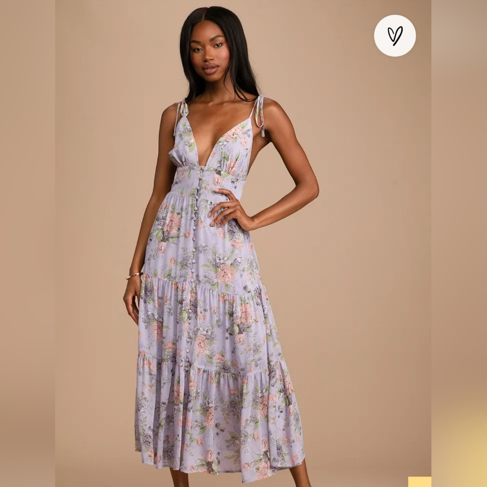 Everlasting Sight Lavender Floral Print Tie-Strap Midi Dress